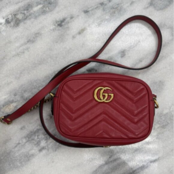 Gucci GG Marmont Tan Interior Matelasse Shoulder Bag Mini Red Leather - Picture 4 of 9